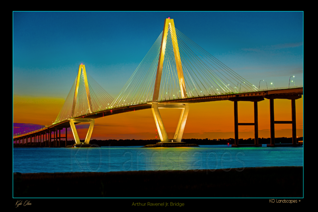 The SouthEast / Arthur Ravnel Jr Bridge, Sunset, Charleston, South Carolina, historic, water, Dusk, Blue, Orange, Yellow, Red, Nighty, Lit