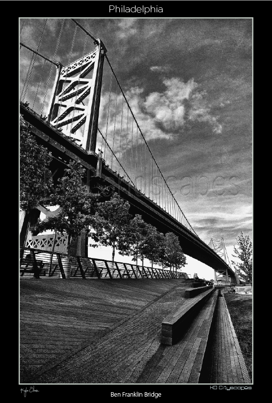 Philadelphia Pa, Race Street Pier, ben Franklin Bridge, Clouds, Delaware River, B&W, Black and White, Park, Steps