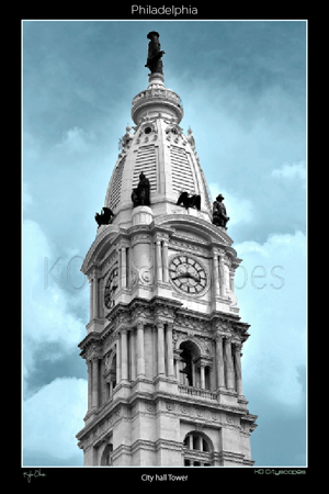Philadelphia Pa, City Hall, B&W, Blue, Grey, Office Buildings, Broad Street, Market Street, Intersection, Blue, Billy Penn, Clock Tower Statue, Clouds, Looking Up