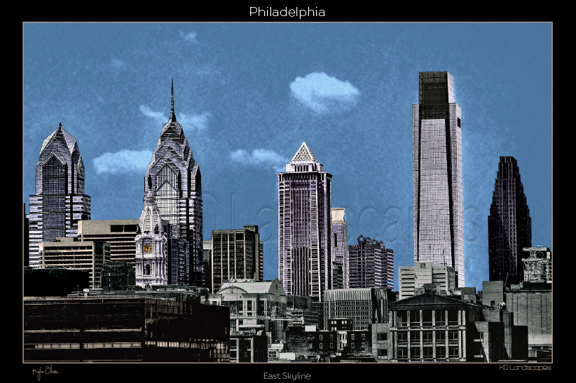 Philadelphia Pa, City Hall, B&W, Blue, Grey, Office Buildings, Liberty Tower, Comcast Tower, East View, 