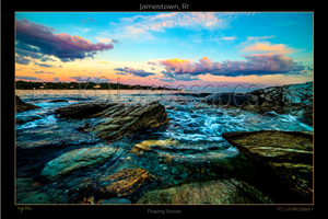 Jamestown, RI, New England .. archival ..  Flowing Stones, Water, Sunset, Blue Sky, Pink, Purple, 