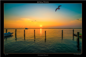 Jersey Shore .. Homeward Bound, Sunrise, Sunset, Bird, Boat, Orange, Red, yellow, Ocean, Water, , Beach, Pier, wharf