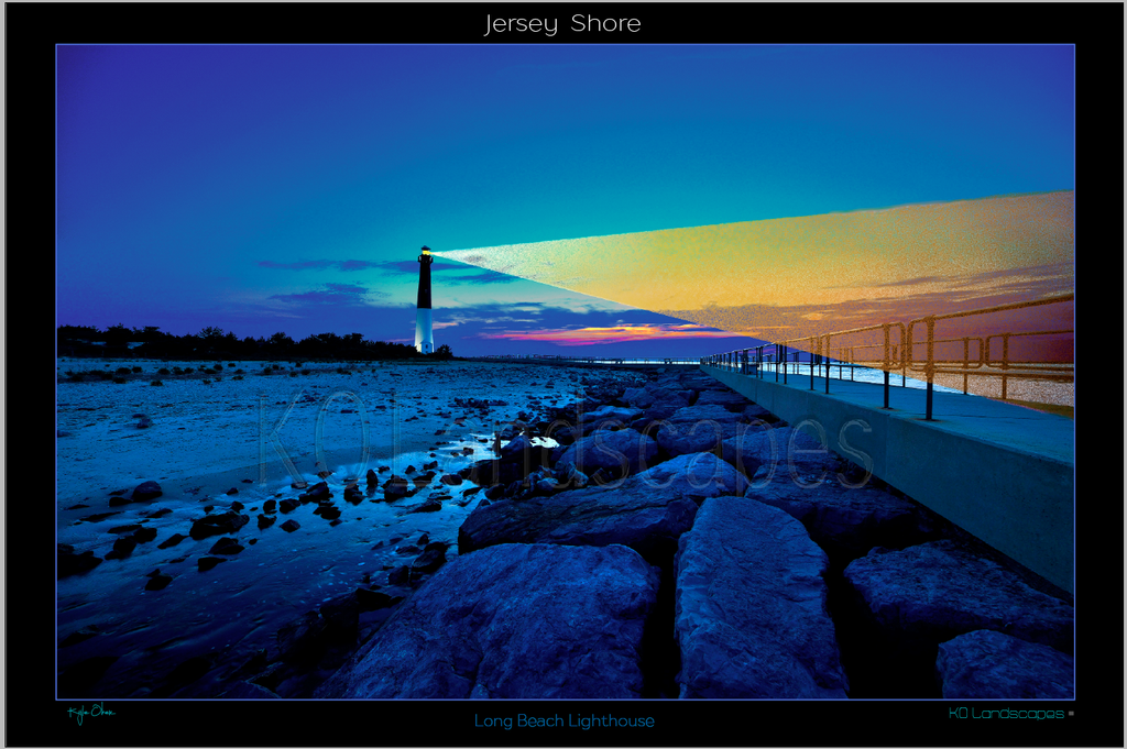 Jersey Shore .. LBI Lighthouse, Sunrise, Sunset, Beam, Beacon, Orange, Red, yellow, Blue, Ocean, Water, , Beach, Rocks, Boulders, Path