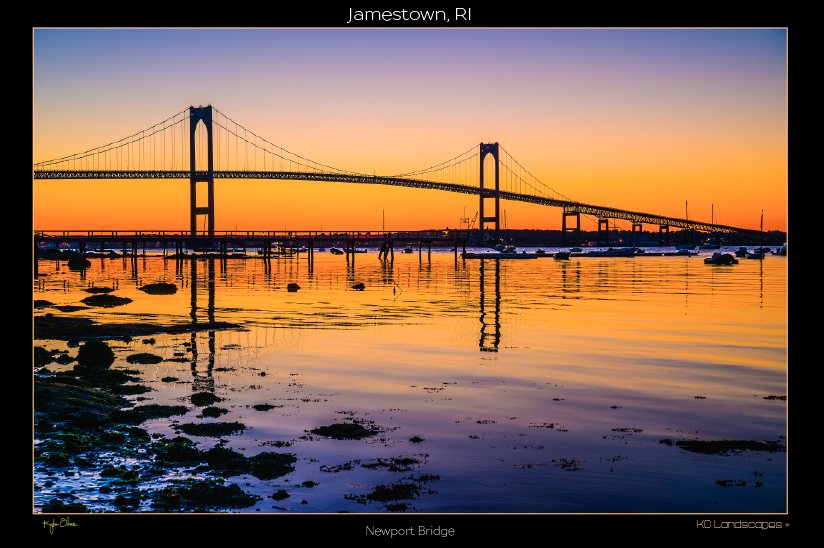 Jamestown, RI, New England .. archival .. Newport Bridge, Sunrise, Sunset, Reflection, Purple, Orange, Black