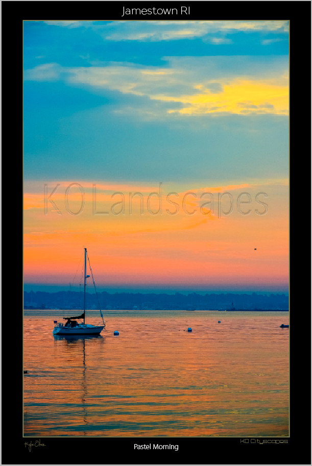 Jamestown, RI, New England .. archival .. Pastel Sunrise, Reflection, Pink, Blue, Yellow, Sailboat