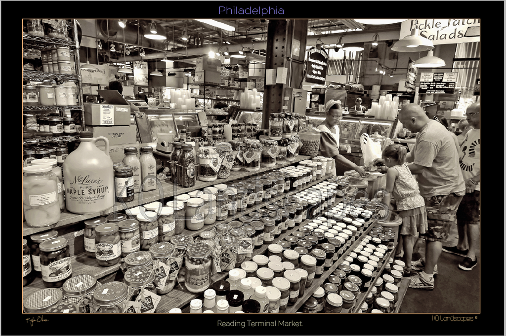 Philadelphia Pa., Cityscape, Skyline, Reading Terminal, Amish, Landmark, Train Station, Food, Hoagie, Scrapple, Shoe Fly Pie Sepia, B&W, jars, Canned, Maple Syrup