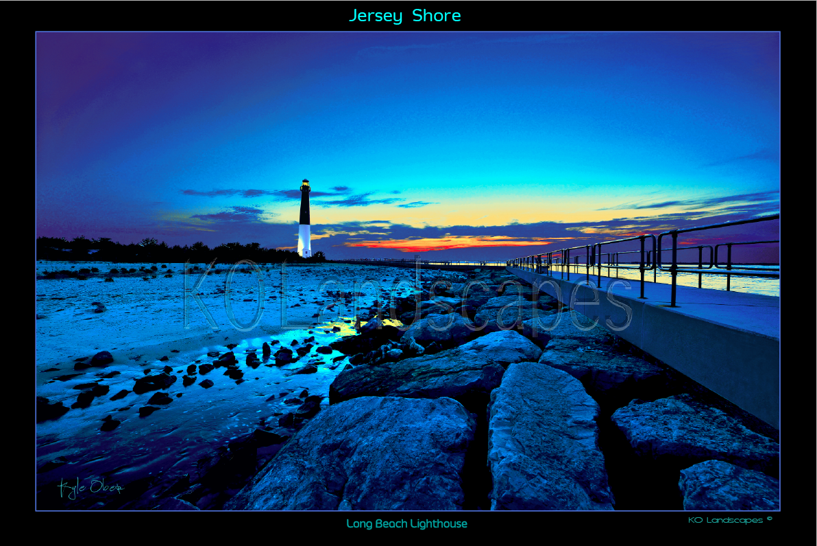 Jersey Shore .. LBI Lighthouse, Sunrise, Sunset, Beam, Beacon, Orange, Red, yellow, Blue, Ocean, Water, , Beach, Rocks, Boulders, Path