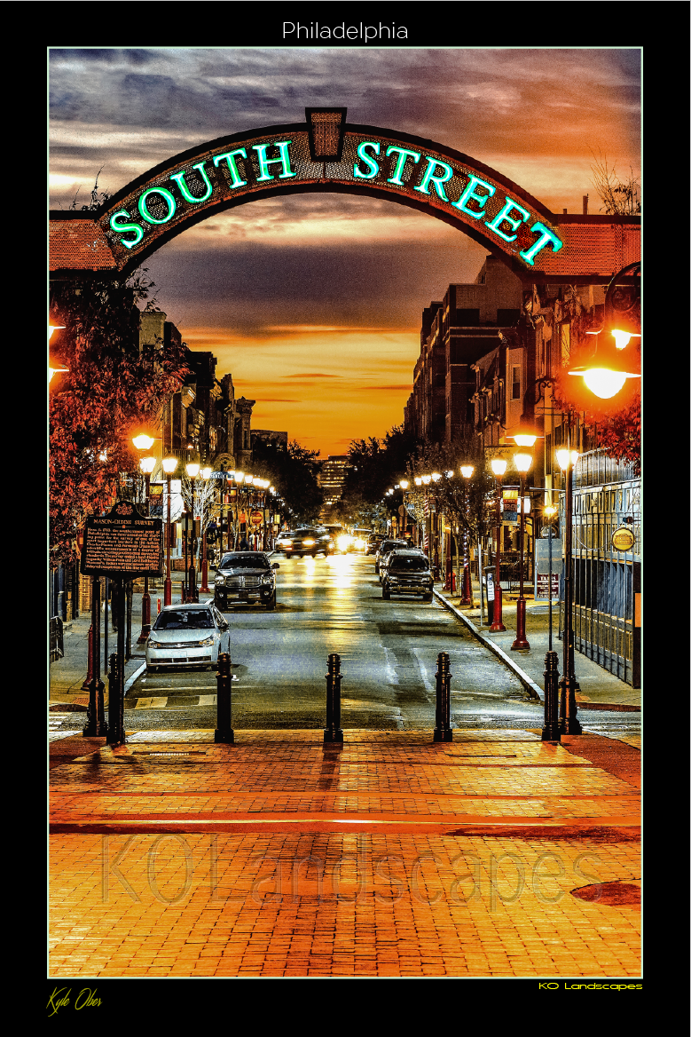 Philadelphia Pa., Landscape, Cityscape, Skyline, South Street, City View, fountain, Statue, Restaurant, shopping, Landmark, Sunset, Dusk, Golden Hour, Orange, Blue, Red, Gray, Bricks, Cobblestones, Historical landmark